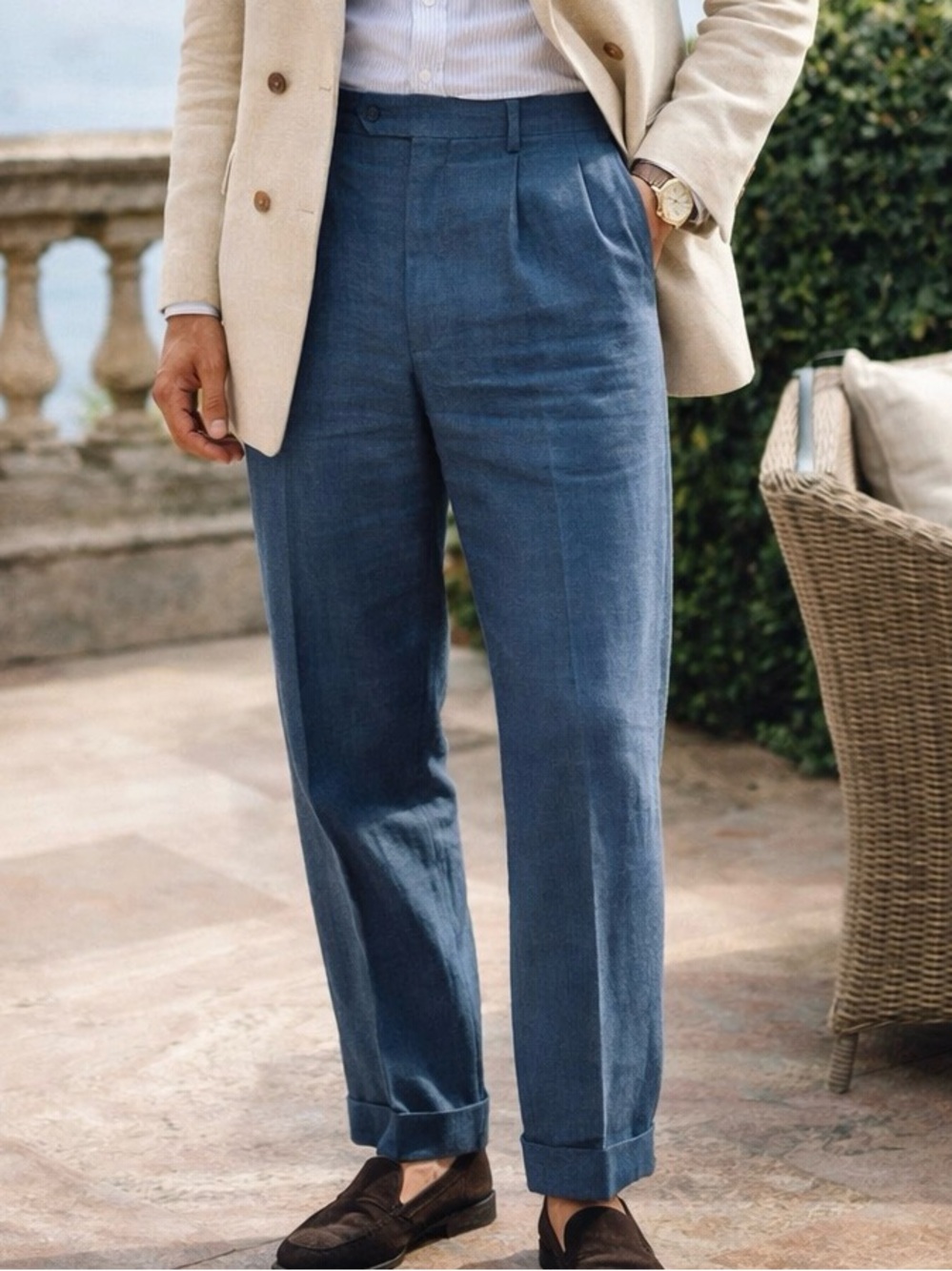 Jos A Bank Linen Pants 38x32 Blue Pleated Cuffed Lightweight Dress Pants